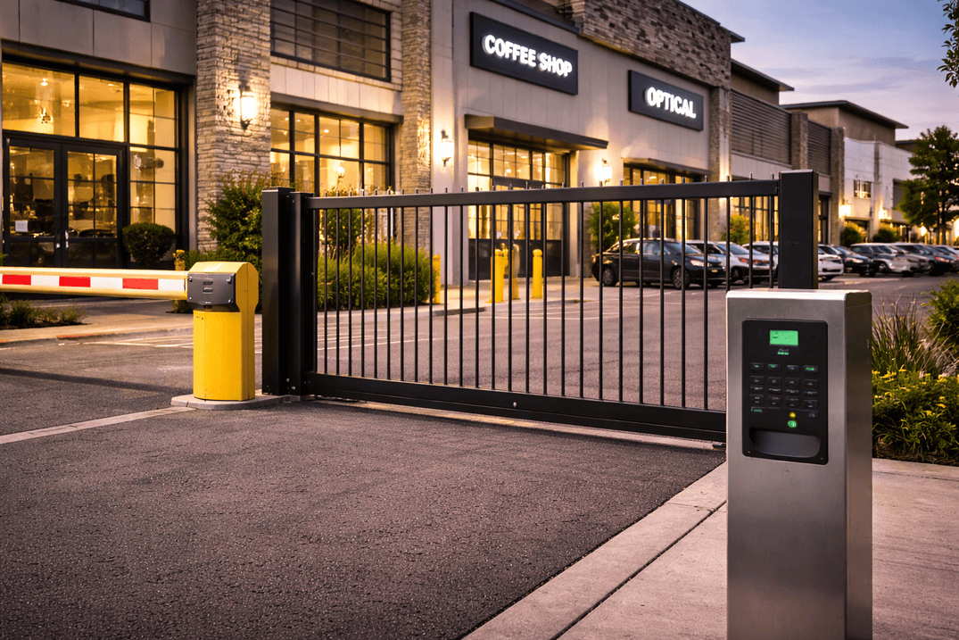Acceso comercial, como local, estacionamiento o entrada de negocio con sistema automatizado