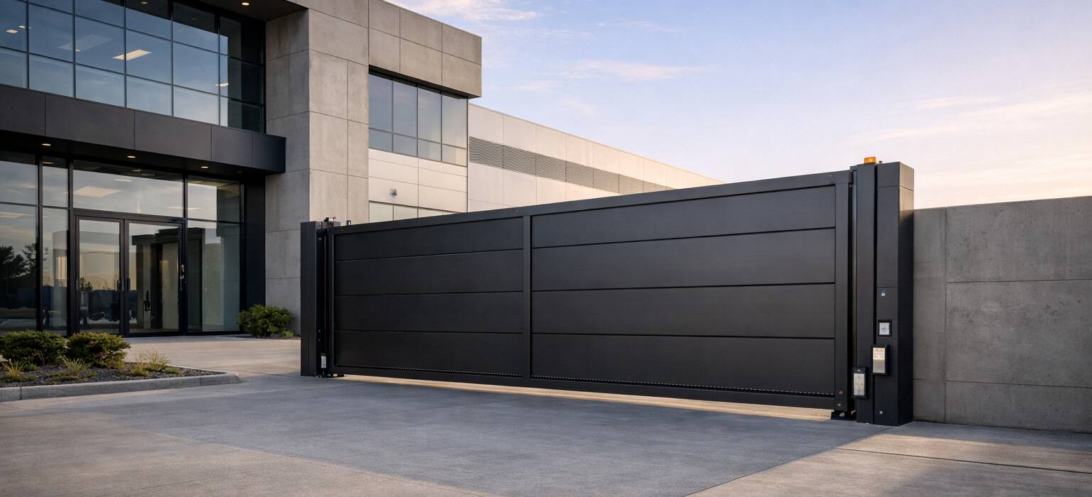 Portón eléctrico automático instalado en León, Guanajuato, en acceso comercial moderno