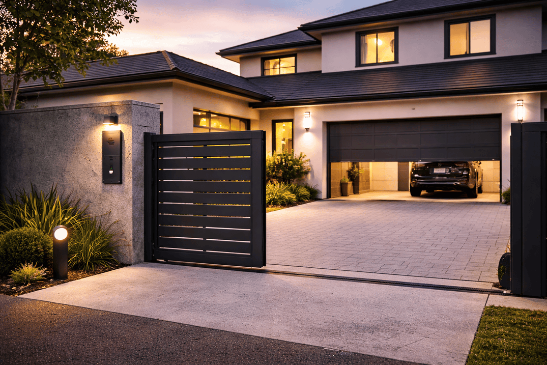 Acceso residencial automatizado, como cochera o portón eléctrico en vivienda