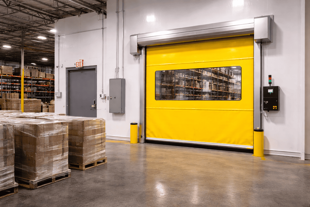 Aplicación industrial real, como nave, bodega o zona de trabajo con puerta rápida o metálica